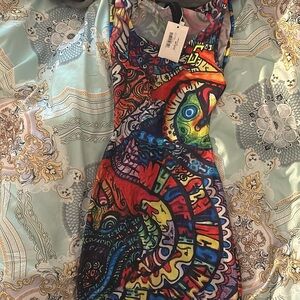 Multicolored mini dress from GSUWOO. Comes with hand gloves